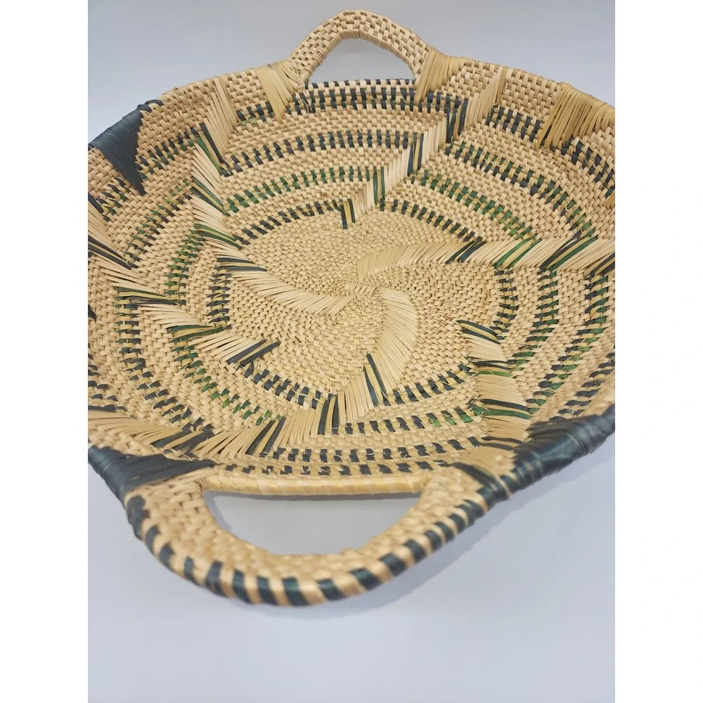 Handcrafted Woven Basket Tray Sunburst Pattern Round Shallow Bowl with Handles